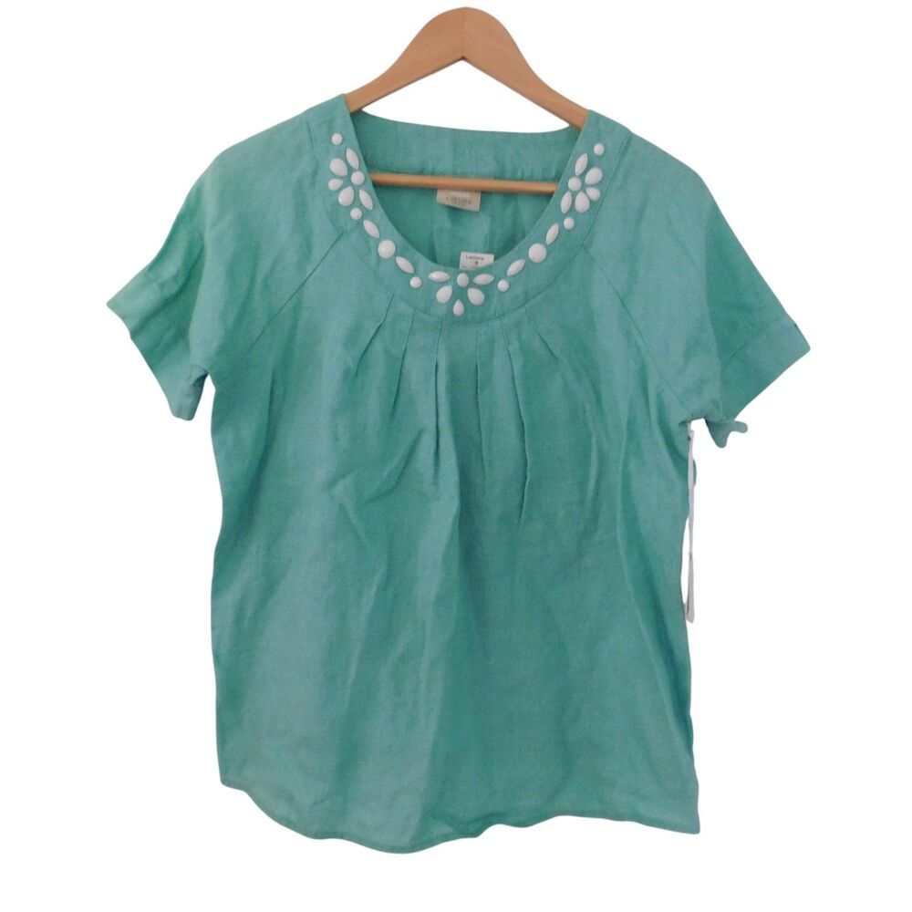 Lantana Casuals Linen‎ Top Womens Medium Green Beachy Lagenlook Embellished